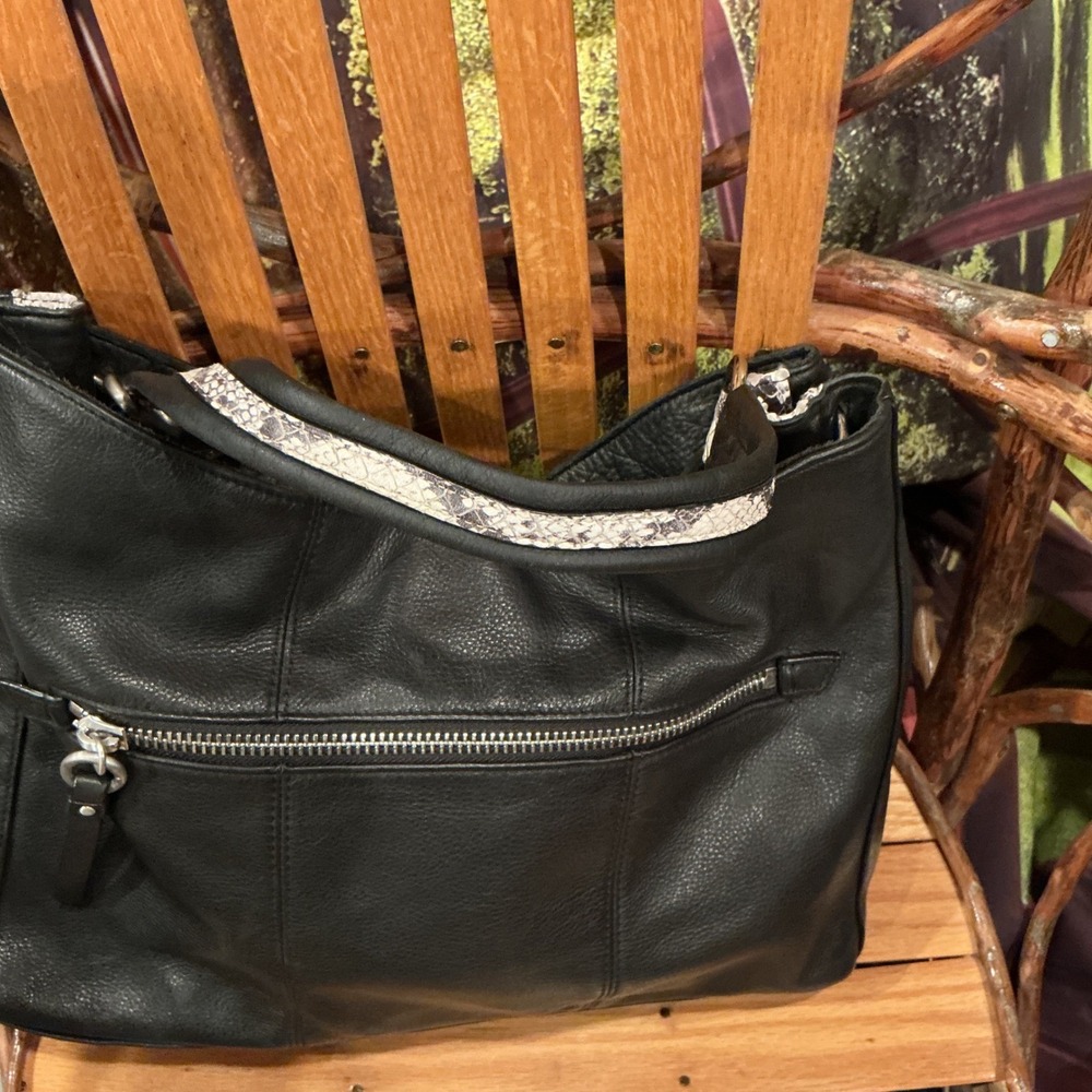 A.L.C. Black Pebbled Leather Hobo Bag with Snakeskin Trim Silver Hardware Mint